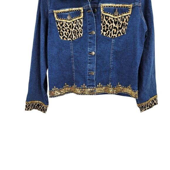Vintage Mob Wife Denim Trucker Jacket M Leopard Gold Beaded Sequin Dollywood - Picture 8 of 10